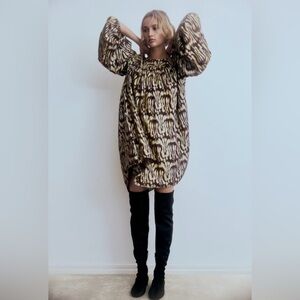 NWT H&M Oversized Jacquard-Weave  Long Sleeve  Dress (Dk Brown/Gold-Pattern) XL